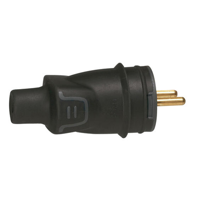 FICHE IP44 2P+T 16A CAOUTCHOUC SORTIE LATERALE NOIR 050445