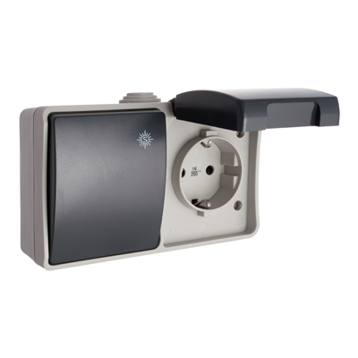PRISE FIXE ETANCHE 2P+T 16A + COMMUTATEUR  ETANCHE  10A 250V 3363F-FR SOLERA