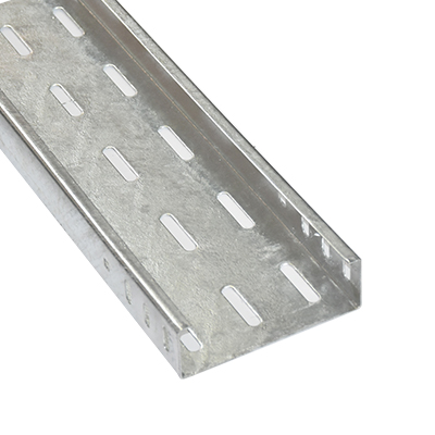 CHEMIN DE CABLE PERFORE EXTERIEUR CE AVEC FRANGE, PERFORATION STANDARD, SANS COUVERCLE, ACIER GALVANISE A CHAUD, H. 50 X L. 150 X L. 3000 X EP. 1 MM – 2100503504 CHROME