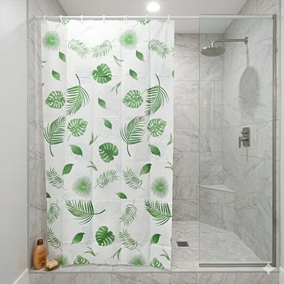 RIDEAU DE DOUCHE IMPERMEABLE (Polyethylene Vinyle Acetate) PEVA 180X180 CM 68G SANS AIMANT S-1061 ( BLANC+VERT)