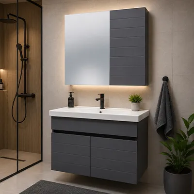 LAVABO MEUBLE SALLE DE BAINS +MIROIR MADAGASCAR 80 CM – PORTES COFFRET EN MEMBRANE 90-1244  3ELMT (CLK)