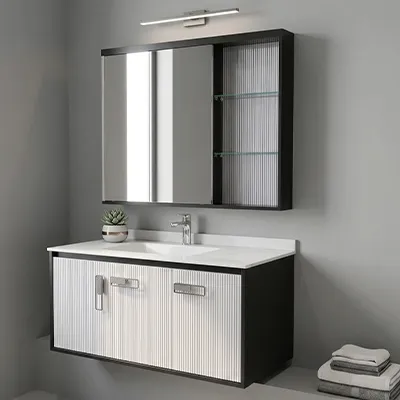 LAVABO MEUBLE SIMPLE VASQUE + ETAGERE A ECLAIRAGE LED ET INTERRUPTEUR A DETECTEUR DE MOUVEMENT 100x50CM AVEC VIS DE FIXATION MURAL JH-2379