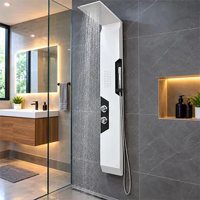COLONNE DE DOUCHE HYDROMASSANTE Color:White AVEC ECLAIRAGE LED SUR LE CORPS ET MITIGEUR EN LAITON 1400x220 REF: 5657-W (ZLTL)
