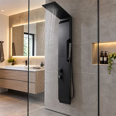COLONNE DE DOUCHE HYDROMASSANTE Color:Black AVEC ECLAIRAGE LED SUR LE CORPS ET MITIGEUR EN LAITON 1400x220 REF: 5657-B (ZLTL)